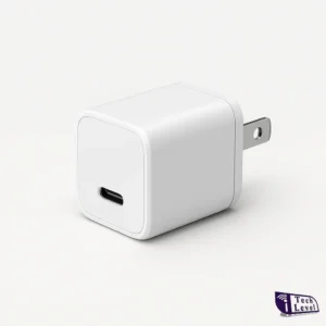 Compact GaN‑based 45 W USB‑C wall charger with foldable prongs. Description: realistic illustration of a compact white USB‑C charger using gallium‑nitride technology.