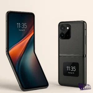 Foldable flip smartphone shown open with a large internal screen and closed with a small cover display. Description: modern flip phone with dual displays and metallic finish, pictured open and closed.