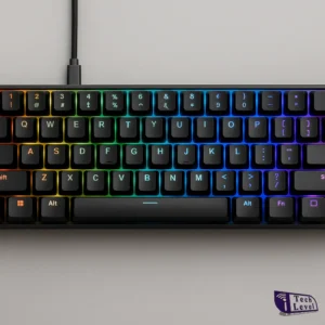 Compact 60 % gaming keyboard with customizable RGB lighting and double‑shot keycaps. Description: small mechanical keyboard with analog switches and vibrant rainbow backlighting.