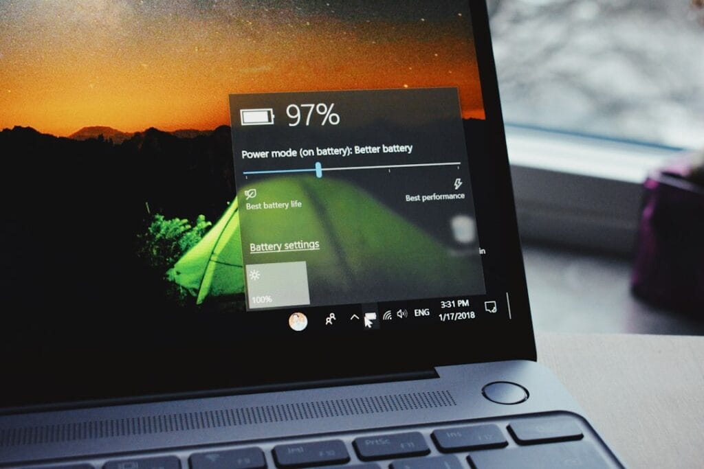Laptop screen showing the battery at 97 percent