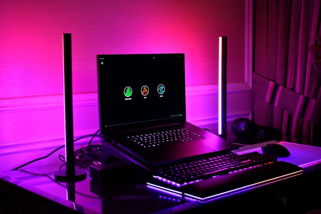 Gaming laptop setup with RGB lighting