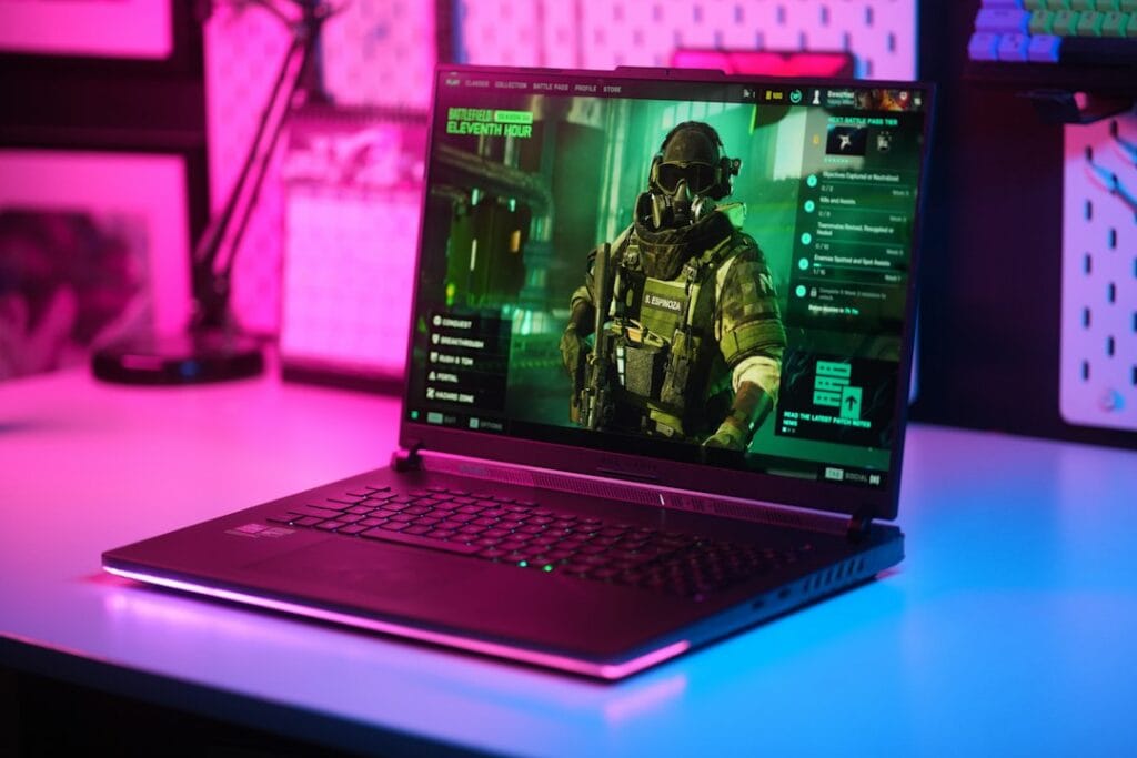 Gaming laptop running a first-person shooter